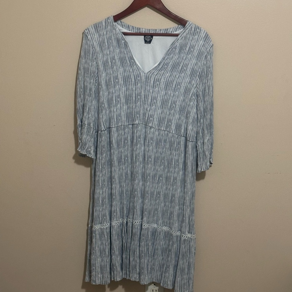 Cottagecore Beachy Light Gray Striped Long Sleeve V-Neck Dress
